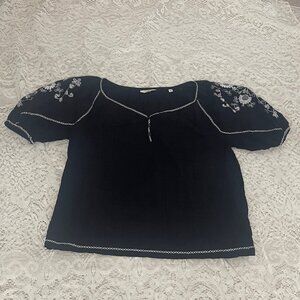 Mexican style shirt by Max Studio London. Size S. Black with white embroidery.